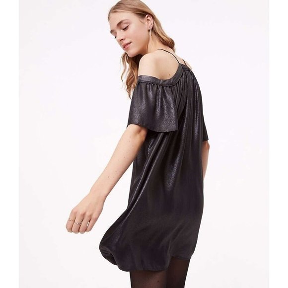 "LOFT" BLACK SHIMMER COLD SHOULDER SWING TRAPEZE MINI METALLIC DRESS SZE: MP NWT - Picture 3 of 6